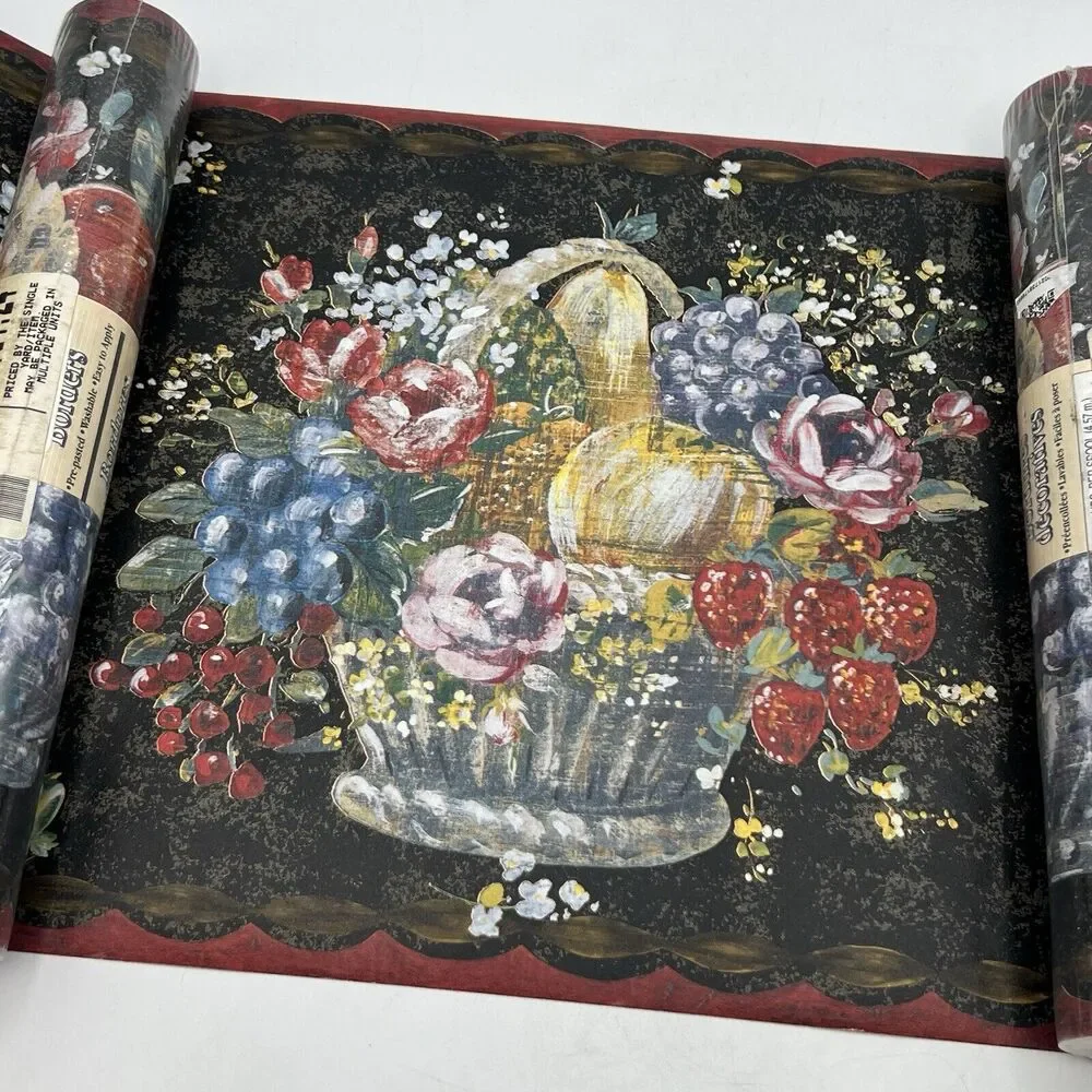 4 Roll Brewster Victorian Fruit Basket Wallpaper Border Black Red Pre-Pasted